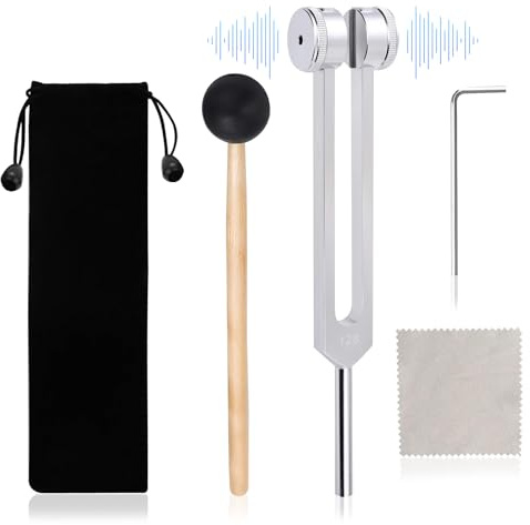 128 Hz Tuning Fork Set，Aluminum Alloy Tuning Fork with Silicone Hammer and Bag，with Silicone Striker and Pouch Sound Therapy Meditation and General Wellness Practice（Silver）