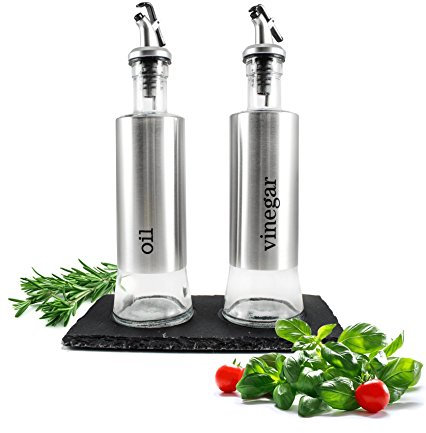 Set para aceite y vinagre sobre placa de pizarra, vinagrera, aceitera, menaje