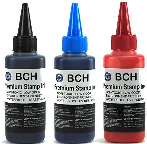 BCH Premium Stamp Ink Refill – Black, Blue & Red Ink Colors – Long-Lasting, Quick-Drying, Waterproof Ink Refill for Rubber & Self-Inking Stamps – 75 ml Each Bottle (225 ml Total)