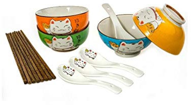 lachineuse - Coffret Vaisselle Chat Maneki Neko - 4 Bols, 4 Paires de Baguettes & 4 Cuillères - Coffret Bols à Riz, Petit Déjeuner & Soupe - Vaisselle Japonaise Couleur - Cadeau Japonais - Déco Japon
