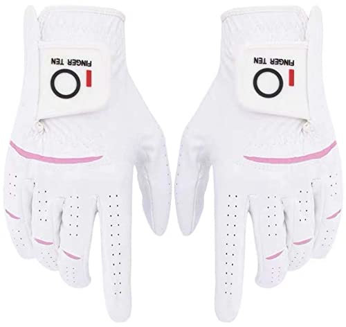 FINGER TEN Golfhandschuhe Damen Paar Linke Rechte Hand 2 Stück Golfhandschuh Mikrofaser Allwetter Regentag Nass Heiß Golf Handschuh Links Rechts Griff Haltbarkeit Weicher Komfort (1 Paar, M)