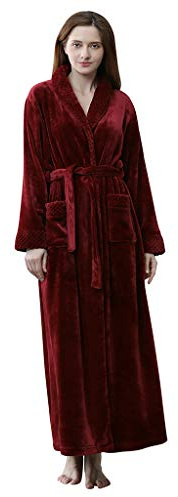 ZYUEER Peignoir Femme Velours Robe De Chambre Polaire Femme Chaud Long Flanelle Peignoir De Bain Eponge Peignoir Ultra Doux Bathrobe Nightgown VêTements De Nuit (Du vin, M)