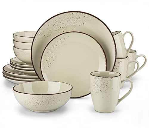 vancasso Navia 16-Piece Vintage Look Beige Stoneware Dinnere Set for 4 | 16-piece beige stoneware dinnerware set for 4 with plates, cereal bowls and mugs