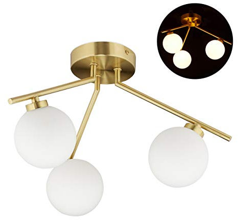 Relaxdays Lampe de plafond GLOBI, 3 ampoules, douille G9, blanc opale, lampadaire milieu du siècle 24,5 x 36 cm, doré