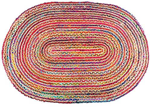 EYES OF INDIA - 4 X 6 pies colorido oval tejido de yute Chindi trenzado área decorativa alfombra de trapo indio bohemio acento hecho a mano