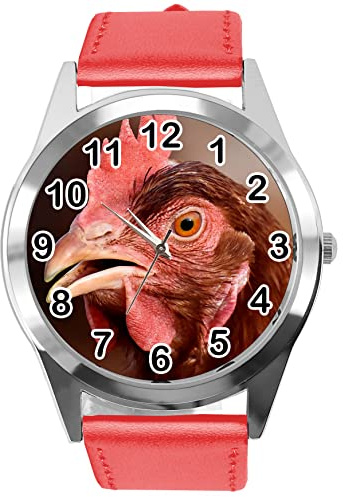 TAPORT Rote Lederarmbanduhr für Fans von Hühnern, rot, Armband