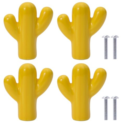 NAKUPENDA 4Pcs Poignée en Céramique Boutons de Meuble en Forme de Cactus Boutons de Tiroir en Céramique Poignées en Céramique pour Chambre d'enfant Armoires Bibliothèque (Jaune)