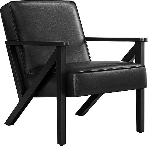 Yaheetech Loungesessel Sessel Vintage Relaxsessel Kunstleder mit Massivholzbeinen Einzelsofa für Wohnzimmer/Schlafzimmer/Empfangsbereich Schwarz