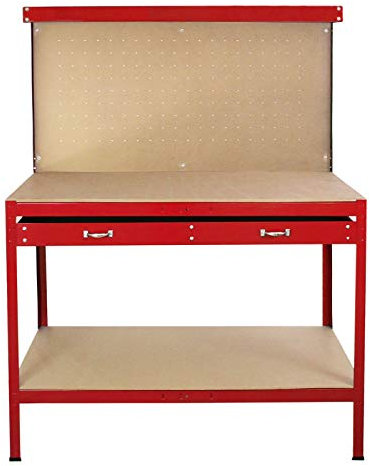 Monster Shop - Banco de trabajo con tablero de clavijas y cajón, caja de herramientas de alta resistencia, para garaje, estante de metal, estantería de acero, mesa de trabajo industrial, rojo, 40