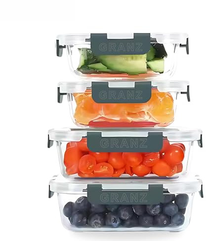 GRANZ Glass Food Storage Containers Pack Of 4 | BPA-Free Food Storage Containers, Airtight Snap Lock lid, Leak Proof Meal Prep Boxes, Stackable, Eco-Friendly, Reusable, Microwave & Dishwasher