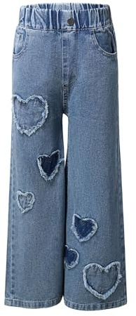 Linjinx Enfant Fille Jeans Pantalon Jambes Larges en Denim Pantalons Jeans Casual Pantalon Baggy Bootcut Déchiré Jeans Tregging Pantalons Cargo pour 5-16 Ans Bleu 13-14 Ans