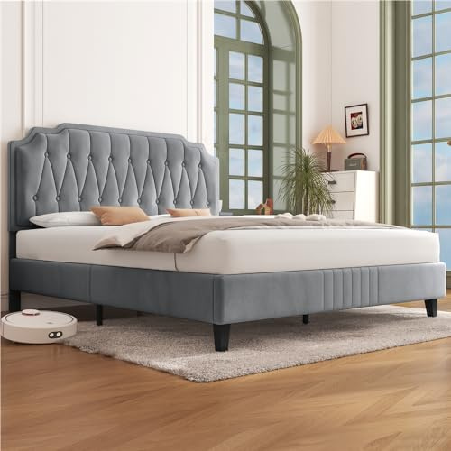 Yaheetech Letto con Testiera Imbottita 160 x 200 cm Altezza Regolabile Rete a Doghe in Legno e Metallo Grigio Chiaro