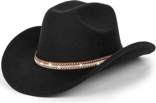 Chapeau de cowboy classique pour femme Chapeau Fedora en feutre avec bande brillante, Noir avec bande bling, M