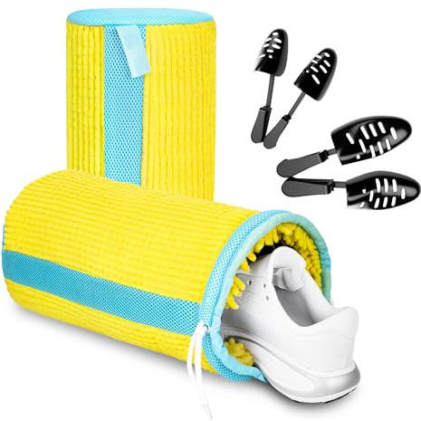 Bolsa de lavado de zapatos para limpiar zapatos, bolsa de zapatos duradera con cordón, kit de limpieza de zapatos reutilizable con árboles de zapatos ajustables (amarillo)