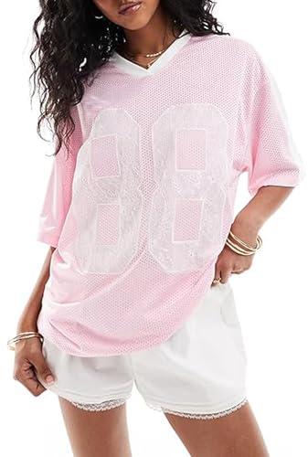 SANSIWU Women Y2k Jersey Shirts Oversized Letter Graphic Tees Half Sleeve V Neck Loose Fit T Shirt Vintage 90S Streetwear (D-Pink2, M)