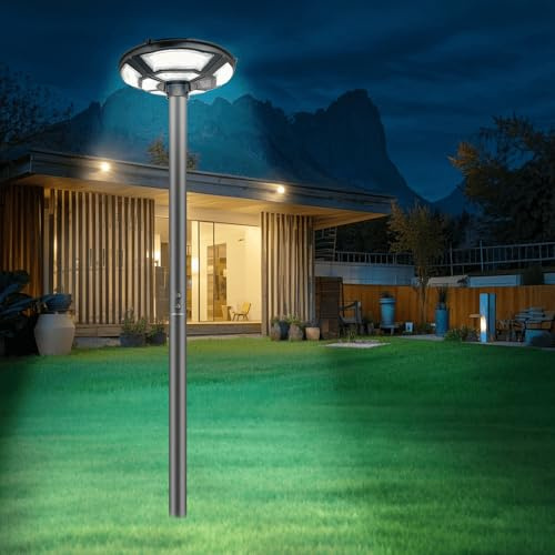 Locontifni Outdoor Lamp Post with 10' Galvanized Steel Light Pole, Solar Powered, Motion Sensor, IP65 Waterproof, Dusk to Dawn, 750-LED Lamp Post Light with Remote for Yard, Parking Lot, Pathway