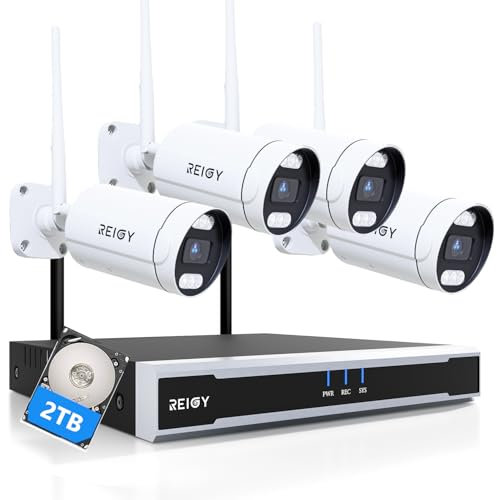 REIGY 8MP Kit Camera Surveillance WiFi Exterieure avec Disque Dur 2To, 4K Système Videosurveillance 16CH NVR+4X 2160P Camera, Audio Bidirectionnel Vision Nocturne Détection Mouvement IP66 Imperméable