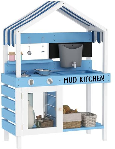 AIYAPLAY Cuisine de boue pour enfants en extérieur Cuisine de jardin en bois avec cuisinière, évier, robinet, étagères de rangement, ustensiles de cuisine, accessoires, cuisine de jeu pour enfants 3-7