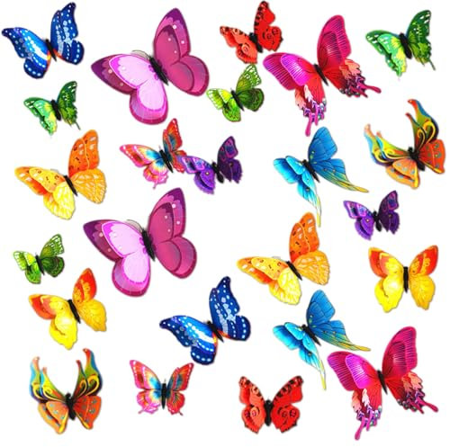 24PCS 3D Butterfly Wall Sticker Double Layer Butterflies Wall Art Stickers Girls Bedroom Decorations Butterfly Wall Decals DIY Art Crafts for Home Garden Classroom Party Decor (Rainbow)