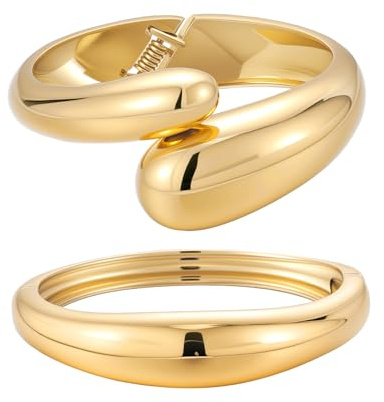 Yowivon Brazaletes en Oro para Mujeres, Juego de Pulseras Lágrima Gruesas de 2 Piezas, Pulsera Apilable y Sin Barniz con Bisagras y Ondas Finas, Regalos de Joyería para Navidad/San Valentín/Cumpleaños