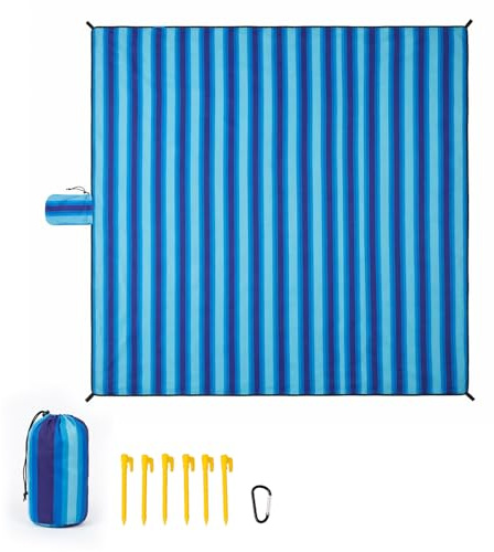 RUMBALUXY Stranddecke Sandabweisend 213 x 213 cm, Wasserdicht Picknickdecke Kompakt & Leicht mit Karabiner & 6 Heringe für Strand, Camping, Garten, Wandern, Blaue Streifen