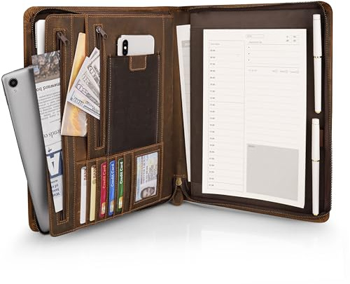 Jowlroel Full Grain Leather Portfolio A4, Premium Conference Folder with Zipper, Multi-Function Business Organizer & Padfolio for Men and Women, Professional Executive Gift - Brown
