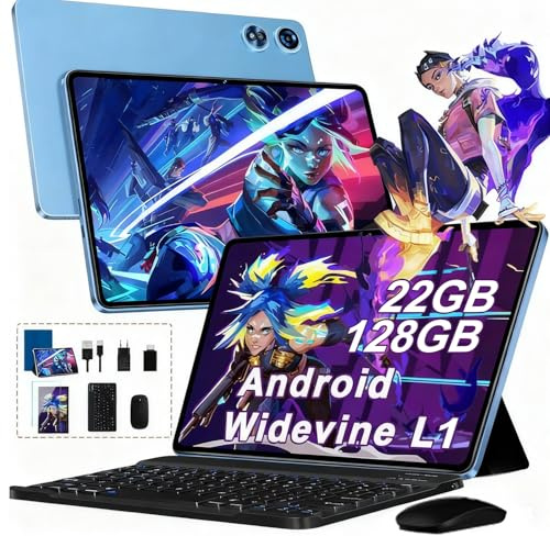 2026 Tablet 10 Pollici Android con 22GB RAM + 128GB ROM (TF/2TB), Octa-Core 2.0 GHz, Widevine L1, 5G WiFi 6, Bluetooth 5.0, 1280 * 800 FHD IPS, 8000mAh, GMS, Newest Tablet con Tastiera e Mouse - Blu