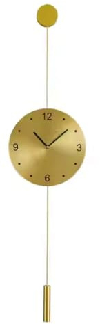 No Drill Large Wall Clock, Completely Silent Non-Ticking Battery-Operated Decorative Wall Clock, Modern Minimalist Brass Finish with Swing Pendulum, for Living Room Bedroom Office, Nordic Style