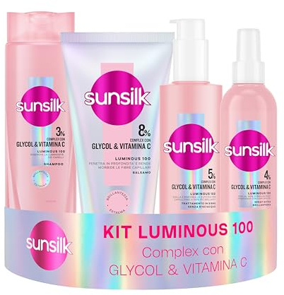 Sunsilk Kit Luminous 100 Shampoo 250ml, Balsamo 180ml, Siero Capelli 200ml e Spray Extra Brillantezza 200ml, Set Cura Capelli Luminosi, Effetto Specchio con Glycol e Vitamina C