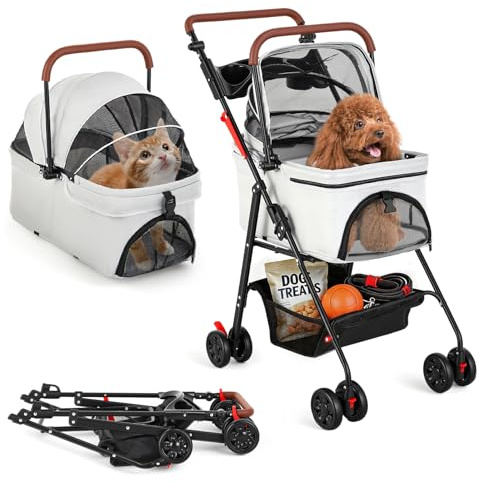 GJCrafts Cochecito para perros 3 en 1, cochecito para perros medianos plegable, hasta 20 kg, con espacio de almacenamiento, carrito para perros con asiento de coche extraíble y compartimento para