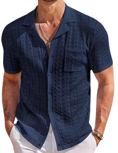 Udbeksid Chemise Polo Homme Tricotée Bohème Manches Courtes Casual Chic | T-shirt Rétro Elegant Col Ouvert Décontracté Vêtement Classique Léger Été Respirant Confortable Haut pour Vacances