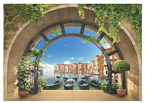Forwall Fototapete 3D Italien Venedig Boote Fenster Aussicht Wohnzimmer Schlafzimmer Vlies Tapete Wandtapete UV-Beständig Hohe Auflösung Montagefertig (11511, V4 (254x184 cm) 2 Bahnen)