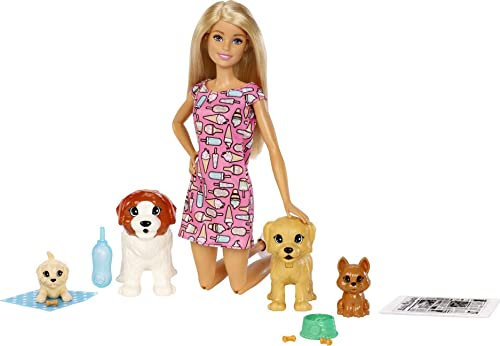 Barbie FXH08 - Hundesitterin, blond, Spielset mit 4 Hunden, mit einem Häufchen machenden und einem PIPI machenden Hund, mit Farbwechsel-Papier +mehr, Geschenk für Kinder im Alter von 3 bis 7 Jahren