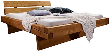 SAM Balkenbett Bennet 160x200cm, Fichte honigfarben, Holzbett massiv, gebeizt + geölt, geteiltes Kopfteil