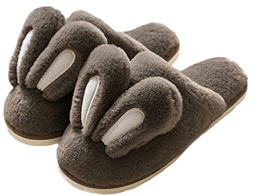 HANDKEI Simpatiche orecchie di coniglio da donna pantofole di peluche da casa pantofole antiscivolo pantofole calde da interno (40/41 EU, Marrone, numeric_40)