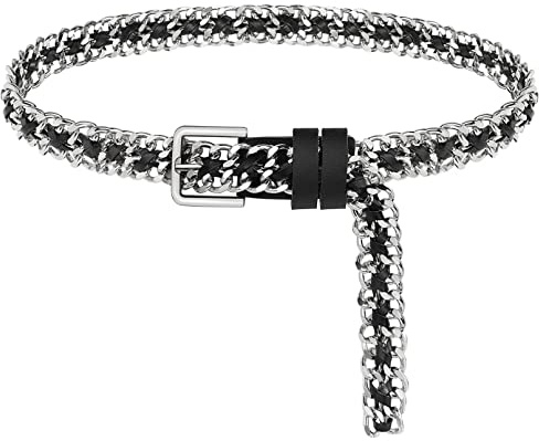 Glamorstar Gold Metal Punk Belts Leather Chain Waist Belt for Women Dresses Silver Black 105CM/41.3IN