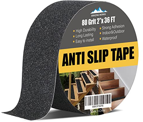 Grip Tape - Heavy Duty Anti Slip Tape, Grip Tape Grit Non Slip for Stairs Outdoor/Indoor, Waterproof High Traction Stairs Non Skid Treads, Durable Triple Layer Adhesive - Black (2 Inch x 36 Feet)