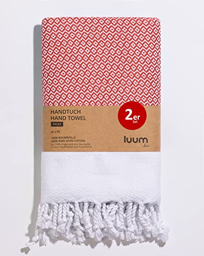 Luum® Lot de 2 serviettes de bain hammam - Lot de 2 serviettes de sport turques - 100 % coton filé à l'anneau - Séchage rapide - Non pelucheux - Rouge - 45 x 95 cm
