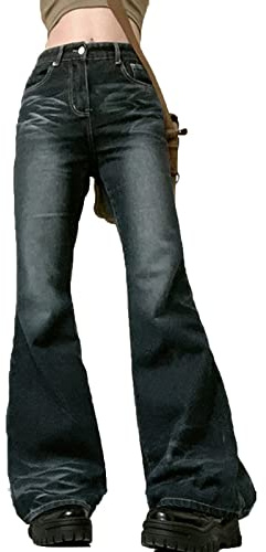 HOXIJIA Women Low Rised Wide Leg Denim Pants Y2k Solid Baggy Flared Hem Jeans Stretch Bell Bottom Trousers (Black, M)