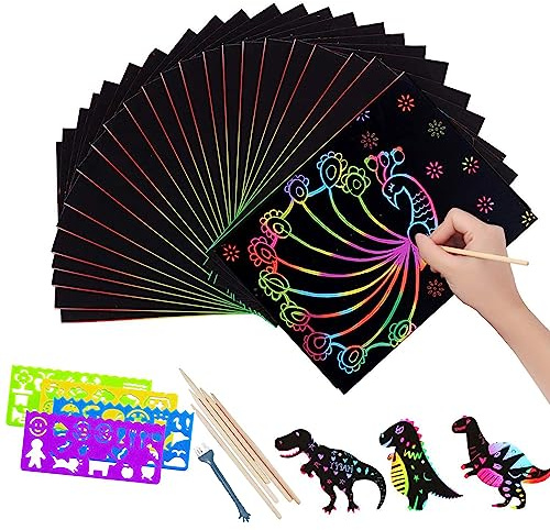 DesignBox 50 Sheets Scratch Art Paper Set for Kids, Scratch Off Paper Black Magic Rainbow Painting Boards with 5 Wooden Stylus and 4 Drawing Stencil Rulers and 1 Small Brush (Coloful)