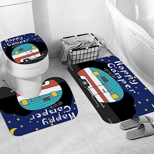 EKSED Juego de 3 Alfombrillas de baño de Microfibra,Happy Camper Camping Diseño de Dibujos Animados, Antideslizante Alfombra de baño, Lavable a máquina para bañera en Forma de U