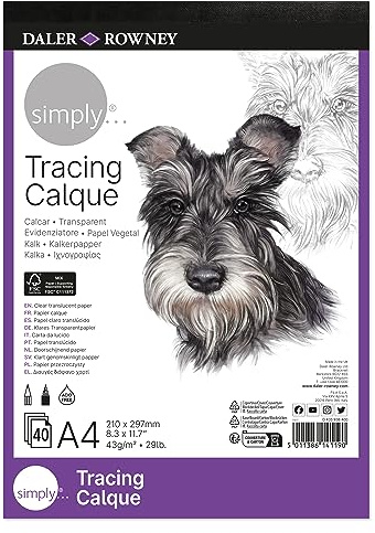 Daler-Rowney Simply, Papel de Calco, Superficie lisa, 43gsm, Bloc, encolado 1 lado, A4-21 x 29.7cm, 40 hojas