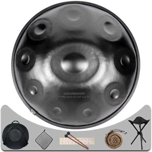 Eavnbaek Tambor de mano avanzado, 10 notas de 22 pulgadas en re menor de acero de 440 Hz, con bolsa suave, 2 mazos de mano, soporte de tambor de mano y paño sin polvo (negro)