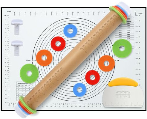Unokit Rolling pin 3-Piece Set, 17.5 Rolling Pin with Adjustable Thickness Rings, Wooden Dough Roller, Rolling Pins for Baking Pizza, Pasta, Bread - Baking Essentials