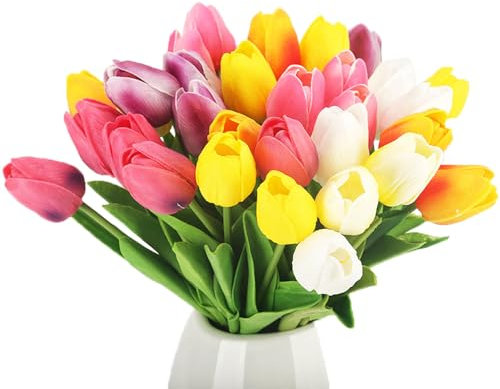 Kaxich 21 pcs Real Touch Artificielle Tulipes Fleurs Faux Tulipes Fleurs Bouquets Multicolores pour Décoration de Mariage, Cuisine, Bureau, Magasin de café, Décoration Intérieure