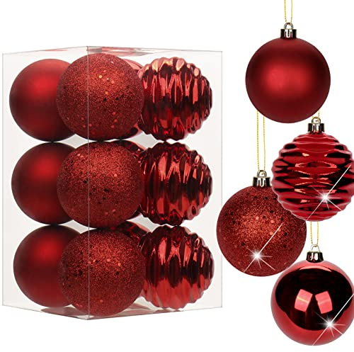 Oairse Bolas de Navidad rojas de 8 cm/3,15, 12 adornos de árbol inastillables con cuerdas para colgar, juego de decoraciones grandes para árbol de Navidad para bodas, vacaciones, fiestas, coronas