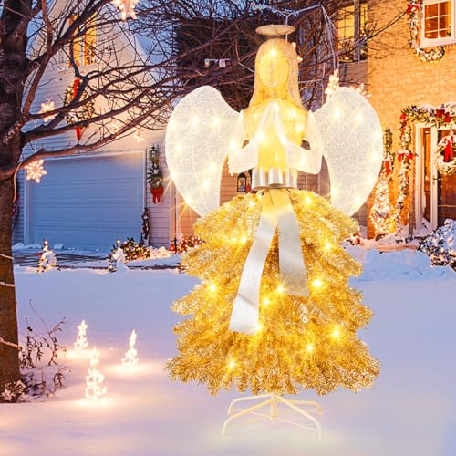 COSTWAY Ljust Julängel, Juldekoration med Varmvita LED-Lampor, 157 cm Hög Julfigur i Trädutseende, Juldekoration och Julbelysning för Utomhus och Inomhus