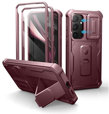 Dexnor pour Coque Samsung Galaxy S25 Plus【Double Cadre Avant et Support】 avec CaméRa Coulissante Intégrée & Protecteur d'écran, Coque de Protection Robuste Résistante Aux Chocs - Rouge Magique