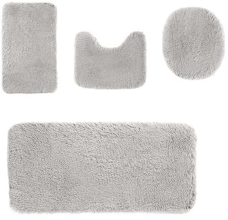 Heavyoff Badematte Set 4 teilig, Waschbar Badezimmerteppich, rutschfeste Badematte Toilettenmatte,Weich Saugfähige Badteppiche und WC Vorleger Duschvorleger, Hellgrau
