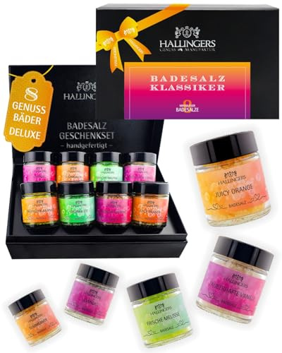 Hallingers Genuss Manufaktur Badesalze Geschenk-Set - 8x Badezusatz mit Totes Meer Badesalz edle Geschenkbox, Badekristalle Fußbad & Spa Badesalz Klassi..., Geschenkidee für Frauen Freundin